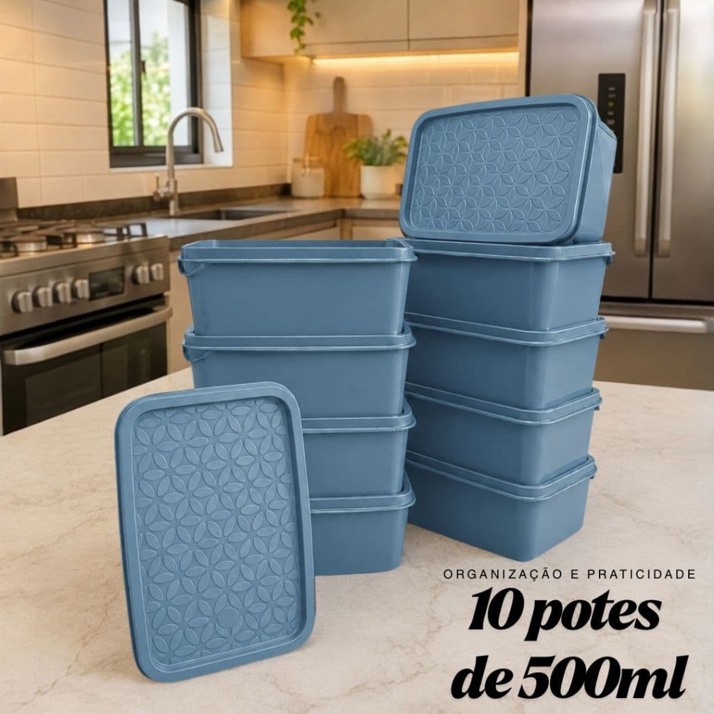 Kit 10 Retangulares 500ml Herméticos de Plástico com Tampa