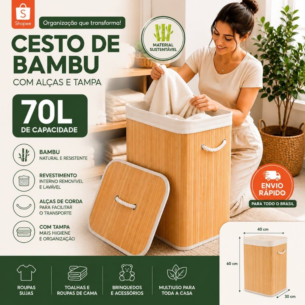 Cesto de Bambu com alças e tampa Retangular 70 Litros Bambu Marrom Organizadora Roupas Brinquedos