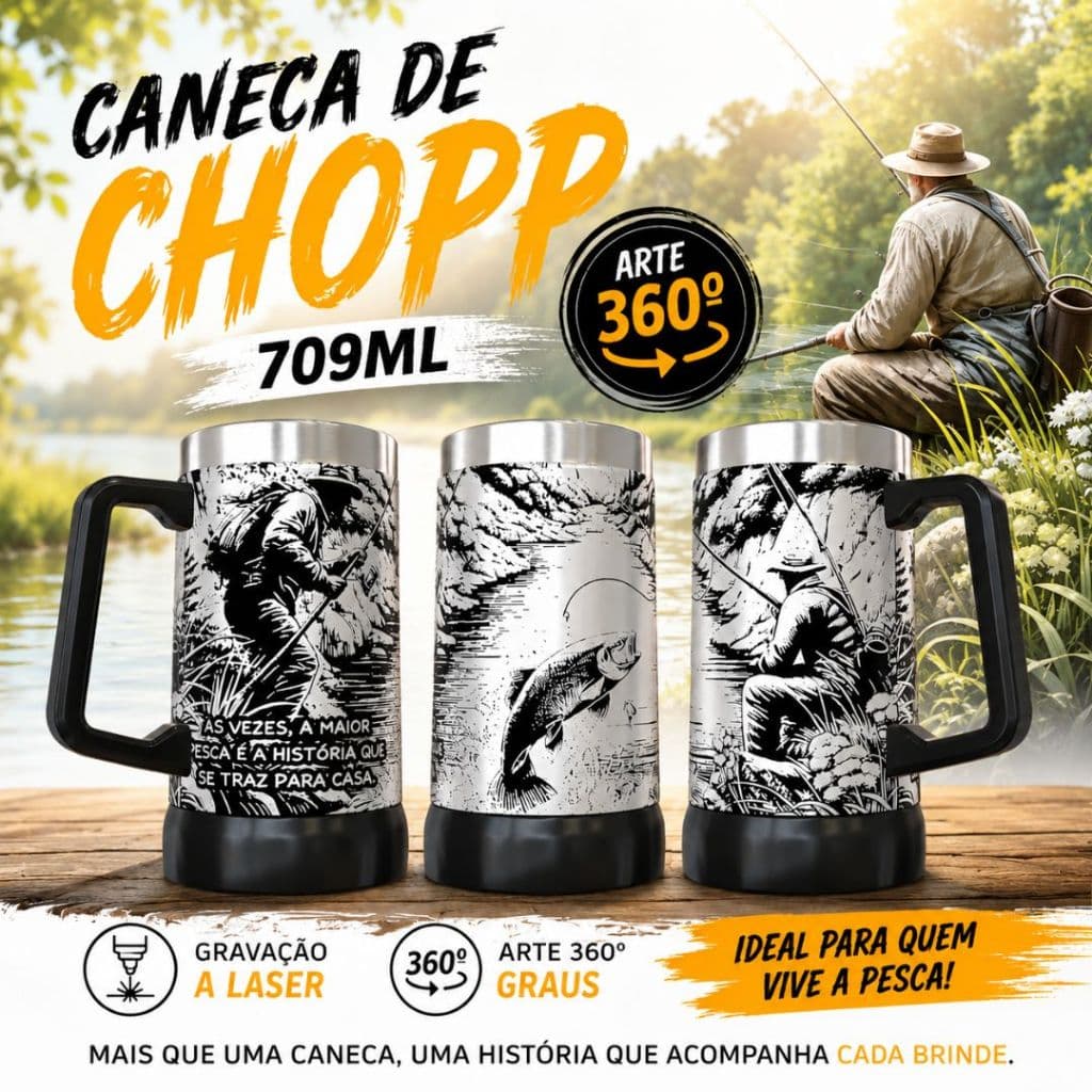 CANECA Copo Térmico 360º graus Personalizado a Laser Tema: PEIXE PESCARIA 473ML , long neck  6em1, CANECA DE CHOPP 709ML