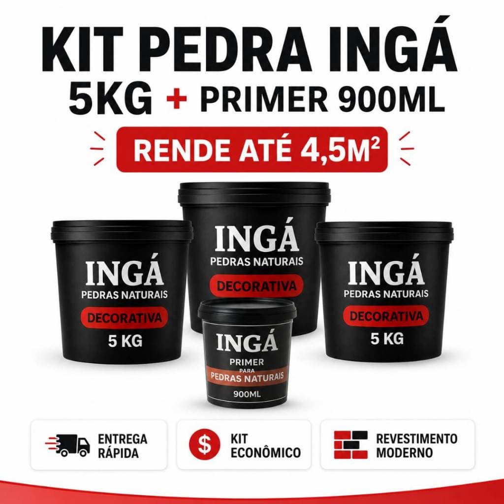 Pedra Ingá 15kg Kit 3 Baldes 5kg + Primer 900ml Acabamento Sofisticado Parede E Fachada 4,5m²
