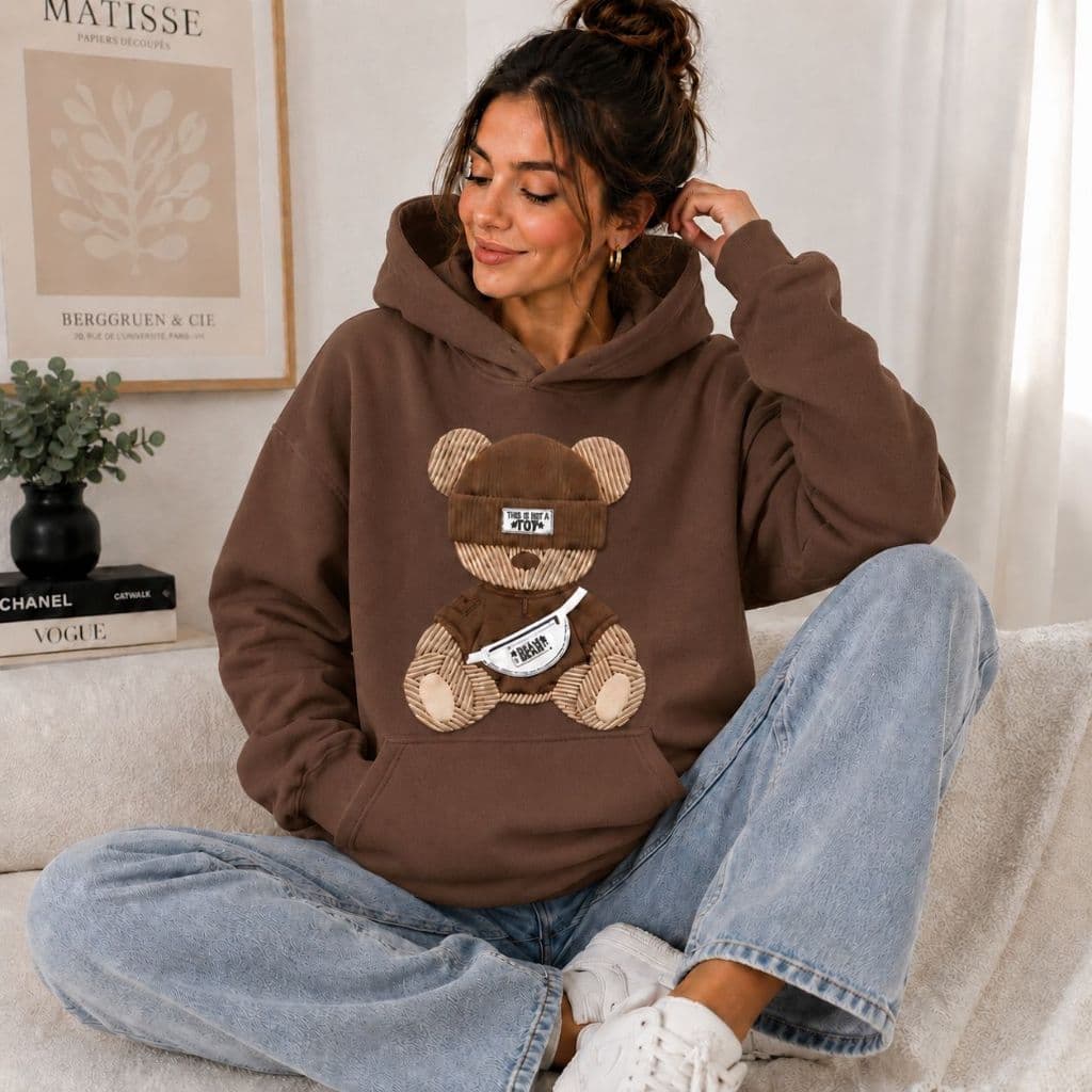 Moletom Feminino Canguru Urso Fashion Oversized Flanelado Casual Estiloso Confortável Inverno Tendência