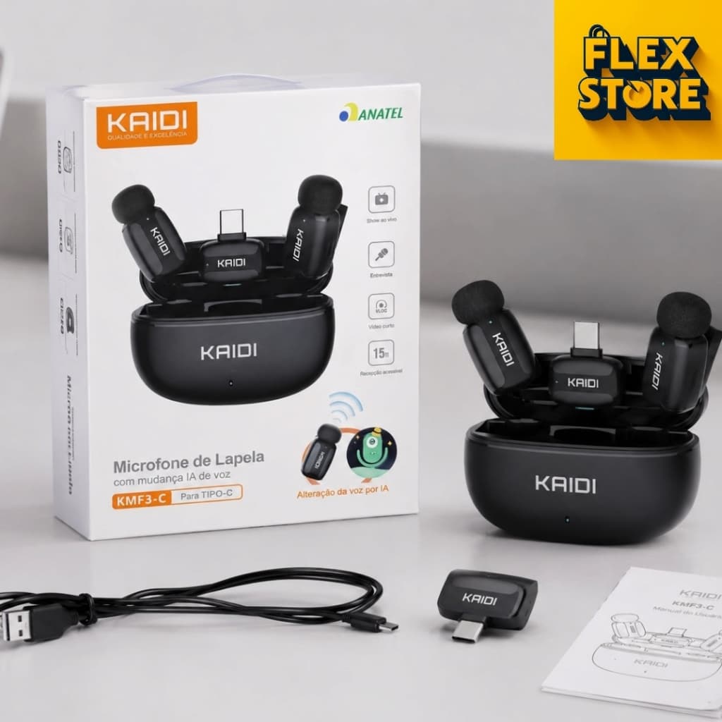 Microfone de Lapela Sem Fio Kaidi KMF3-C Tipo-C Bluetooth p/ Celular Android Live Podcast Vlog Original