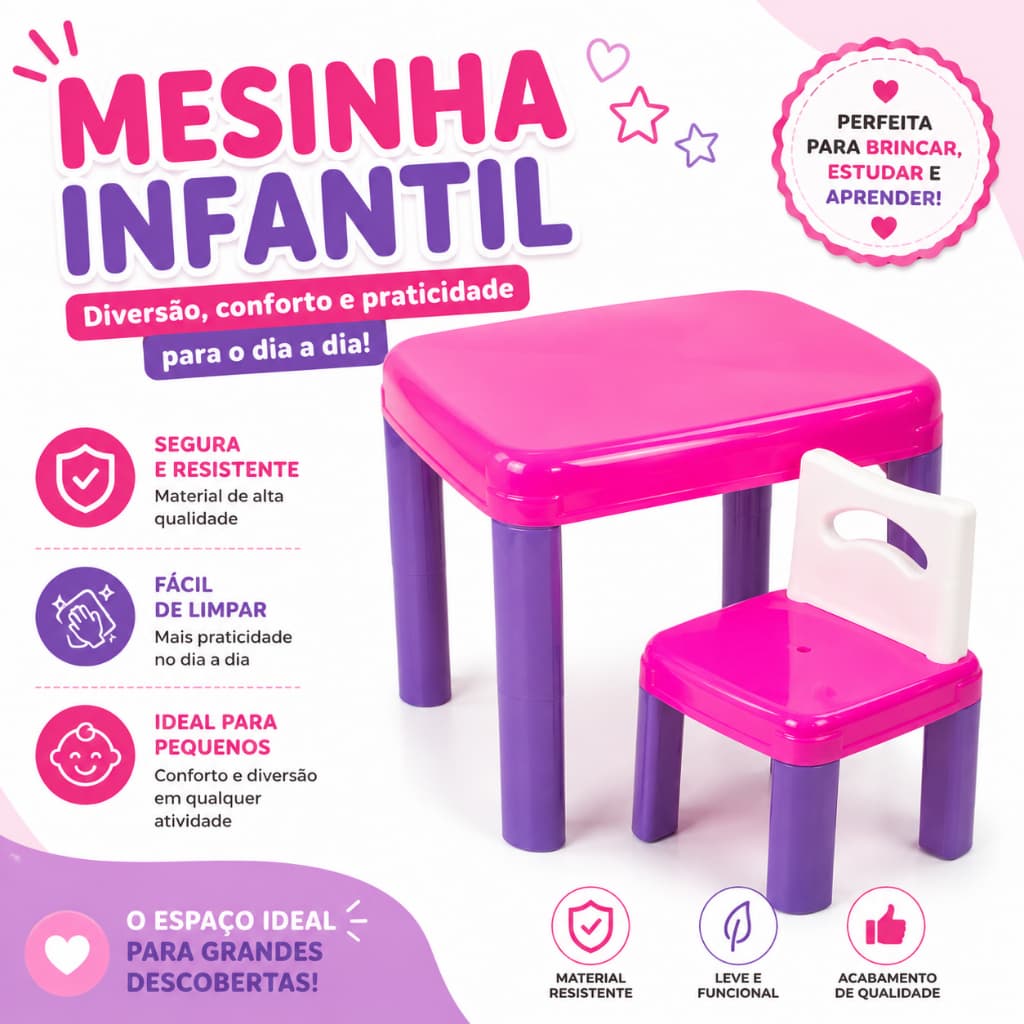 Conjunto Mesinha Menina - Mesa Infantil com Cadeira
