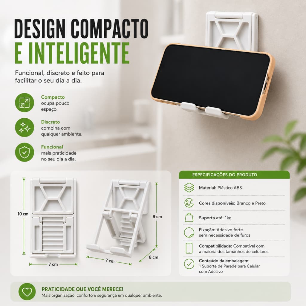 Suporte de Parede para Celular Dobrável com Adesivo Forte Sem Furos