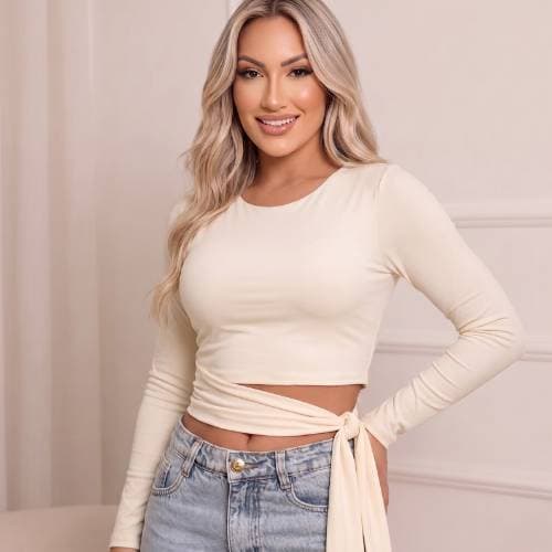 Blusa Feminina Manga Longa Amarração Laço Lateral Cropped  Suplex Moda Blogueira Lançamento Estilosa