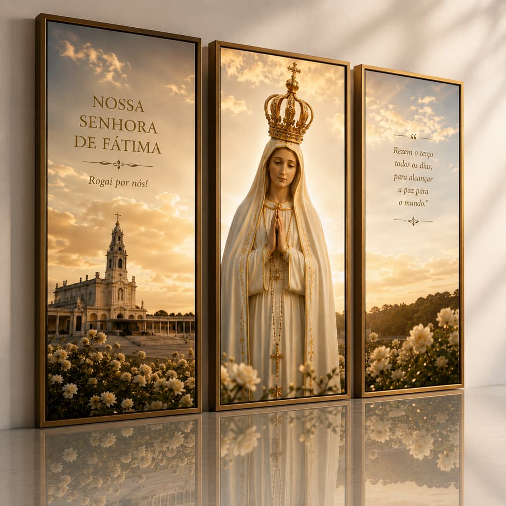 Quadro Nossa Senhora de Fátima 3 Peças Religioso Católico Decorativo com Frases Orai por Nós Sala