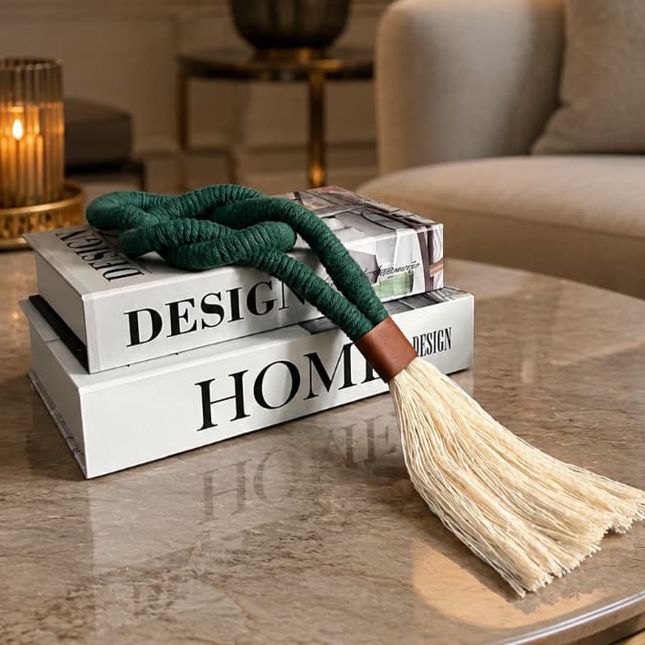 Colar de Mesa Decorativo Minimalista Verde Musgo com Tassel e Couro Ecológico 40cm
