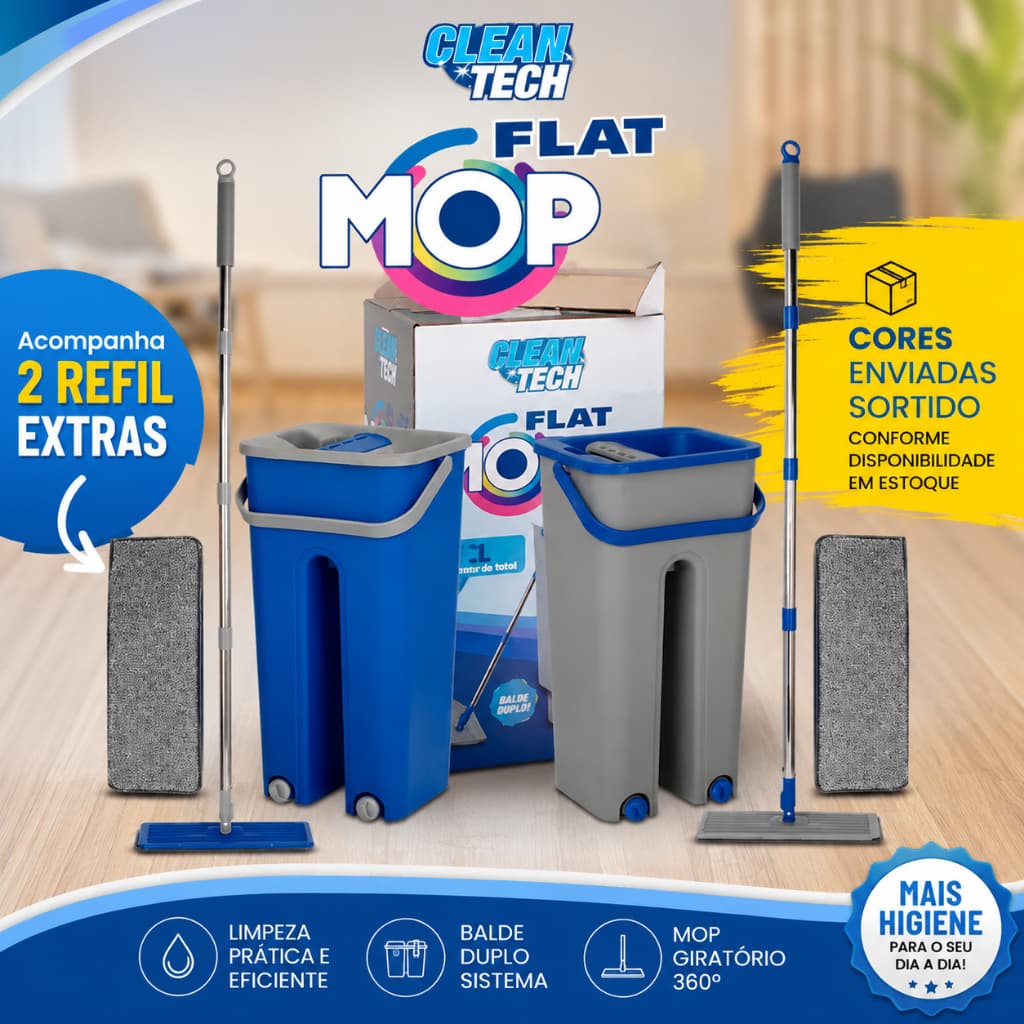 Rodo Flat Mop 360° Lava e Seca Com Balde Duplo+2 Refis Microfibra Limpeza Esfregão Portátil Premium