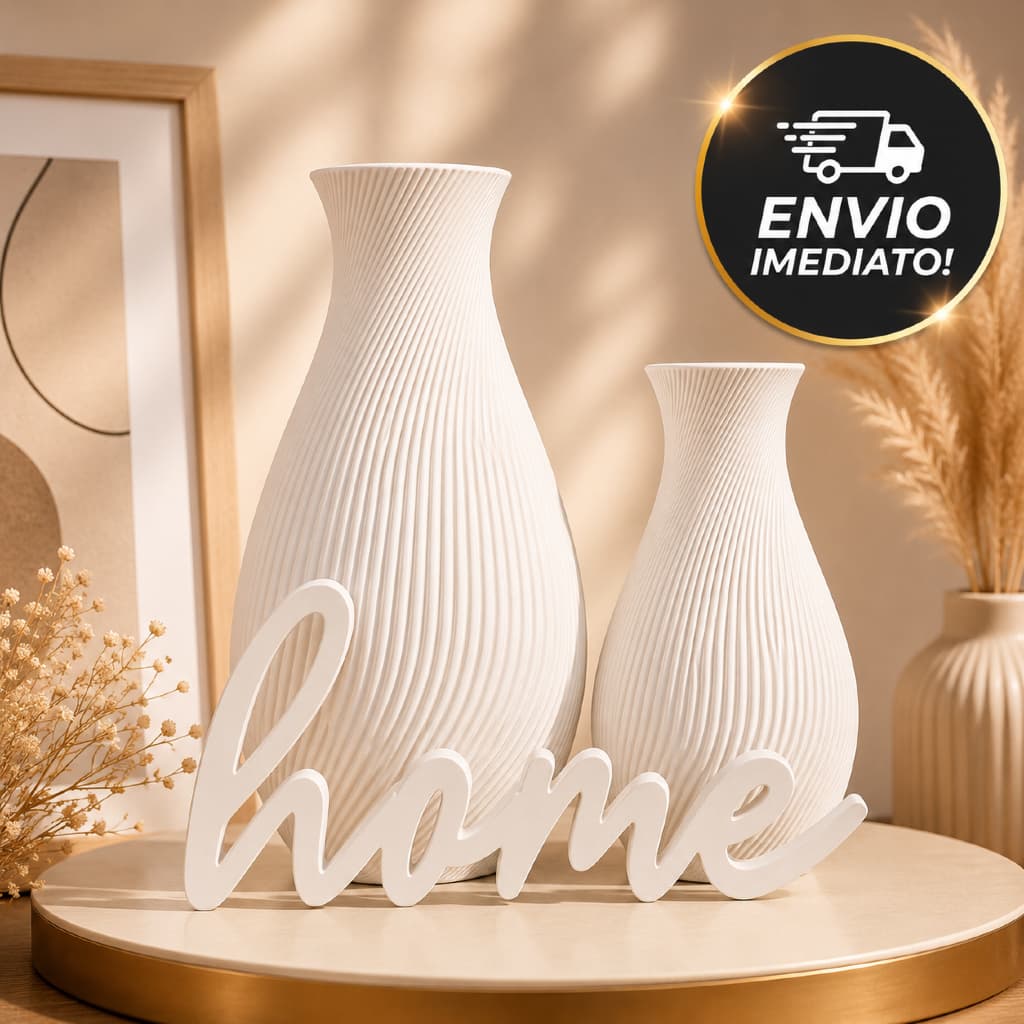 Conjunto de Vasos Decorativos Brancos com Textura Orgânica com Letreiro Home