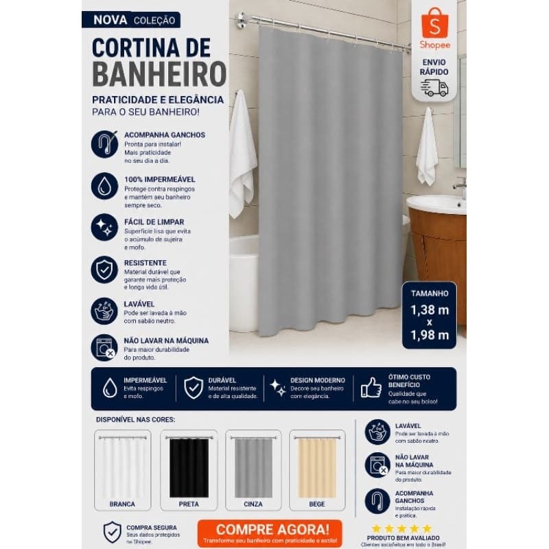 Cortina Para Box  Lisa com Ganchos  Impermeável, Resistente e de Fácil Instalação Tamanho: 138x198cm