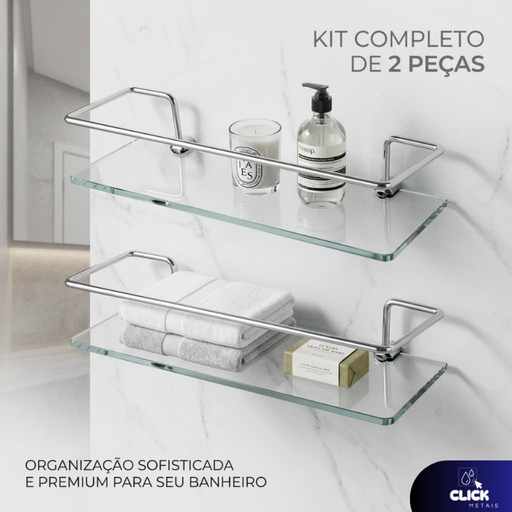 Kit 2 Porta Shampoo Reto 30cm Suporte para Shampoo de Parede Reto Vidro Incolor Prateleira de Vidro