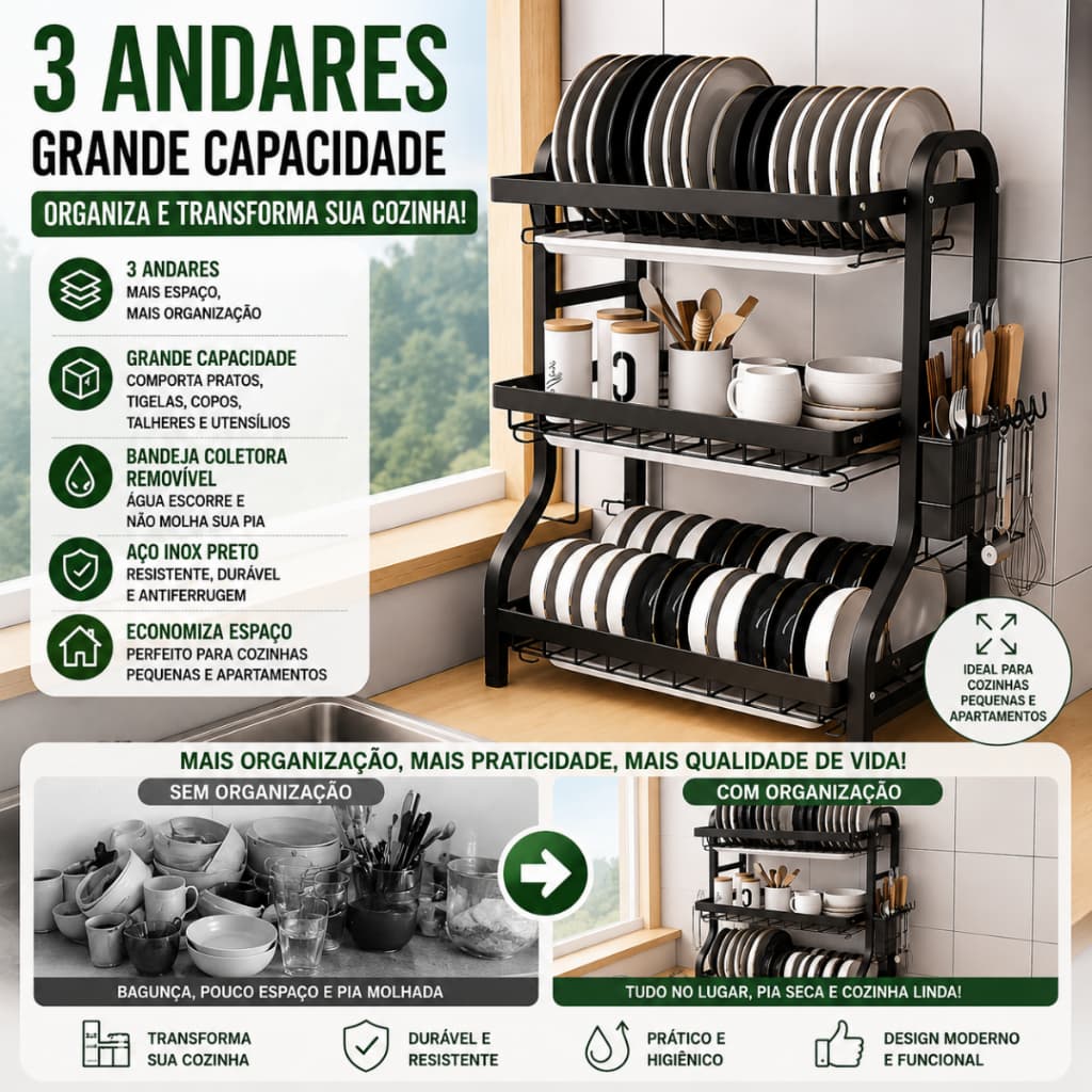Escorredor De Louças 3 Andares Aço Inox Preto Porta Pratos Cozinha