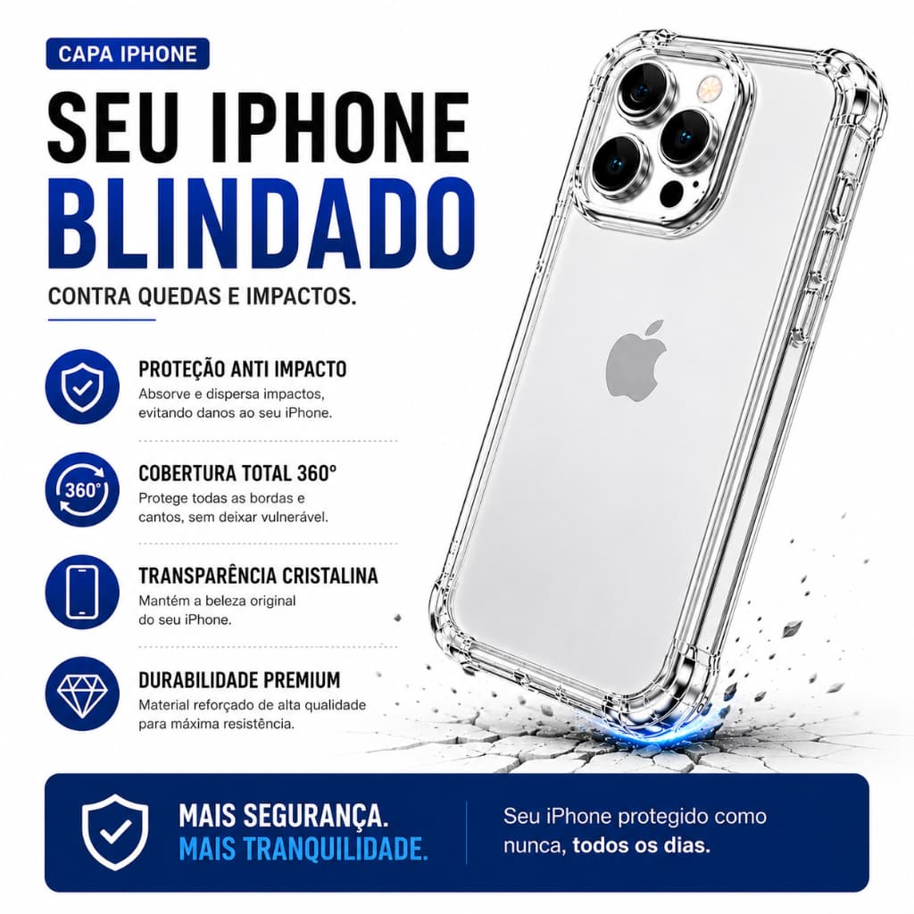 Capa Transparente Anti-Impacto para iPhone XR 11 12 13 14 15 16 Pro Max – Proteção Premium Slim