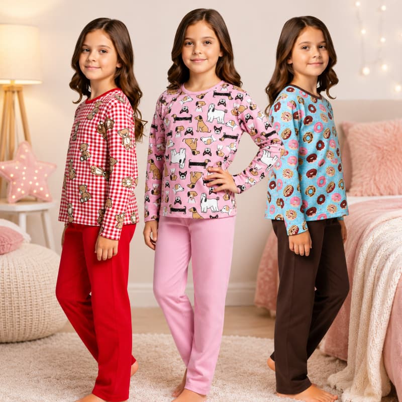Pijama Juvenil Inverno Roupa Dormir Comprida Menina Pijama Infantil Feminino Tamanho 2 ao 16 anos
