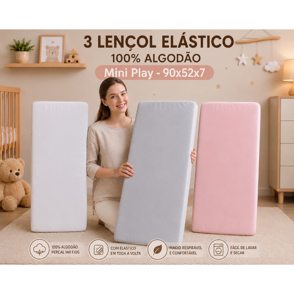 3 Lençol Chiqueirinho Mini Play Safety 1st - 90x52x7 - 100% algodão 140 fios