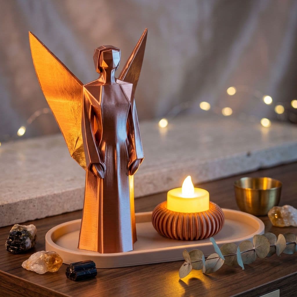Kit Decoração Escultura Anjo 3D Minimalista Com Bandeja Porta Vela Cobre Premium Enfeite Altar