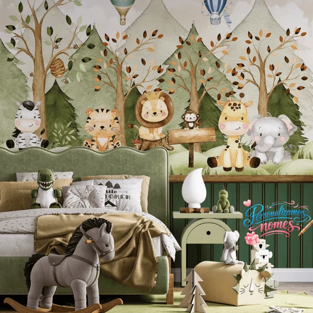 Papel de Parede Infantil Safari Lavável Animais Floresta