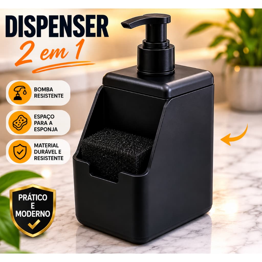 Dispenser de Detergente com Porta Esponja Organizador de Pia Cozinha Compacto Preto Premium