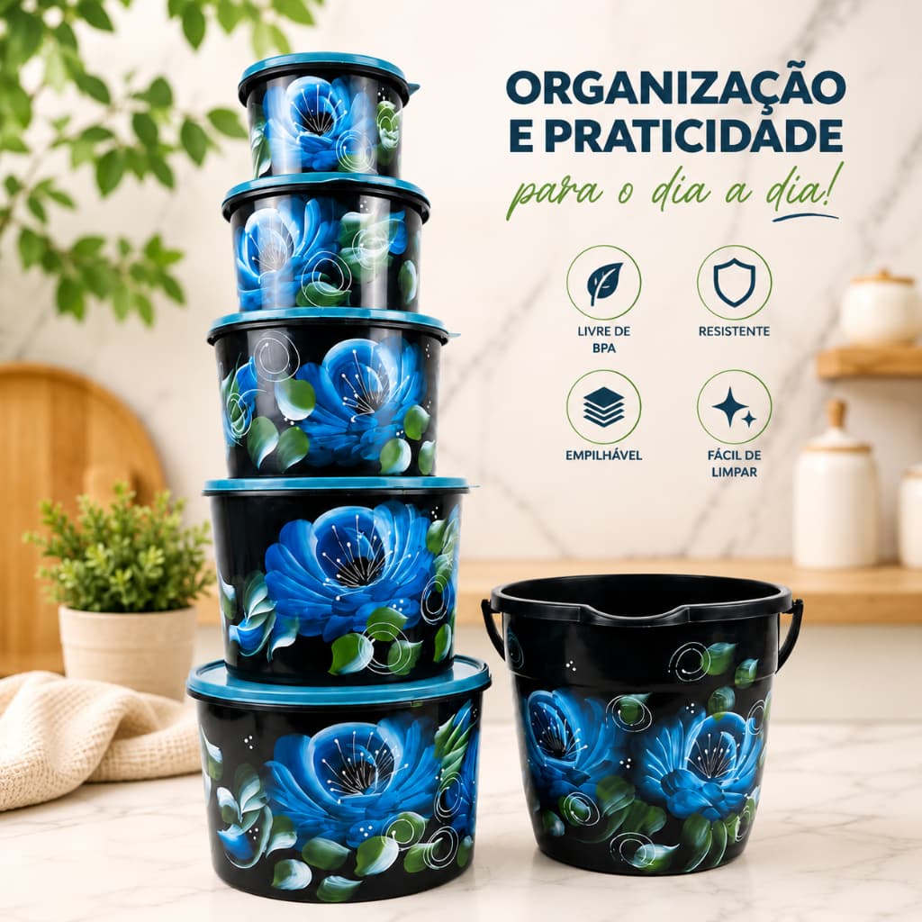 Jogo de Mantimentos com Balde 7 Litros Estampa Floral Azul Kit Organizador