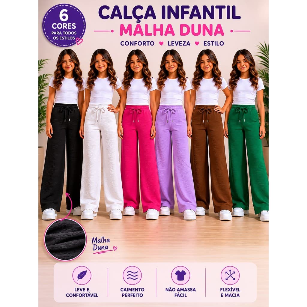 Calça Pantalona Infantil em Duna Feminina | Cordão Ajustável | Tecido Leve, Macio, Estiloso e Confortável | Tam 2 ao 16