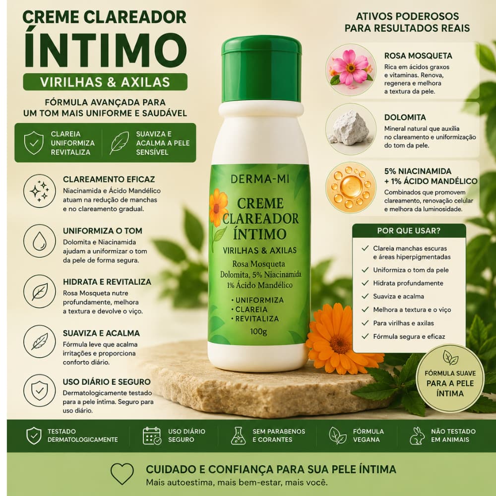 Creme Clareador Íntimo Virilha e Axilas – com Niacinamida e Àcido MAndélico Uniformiza, Clareia e Revitaliza – 100g