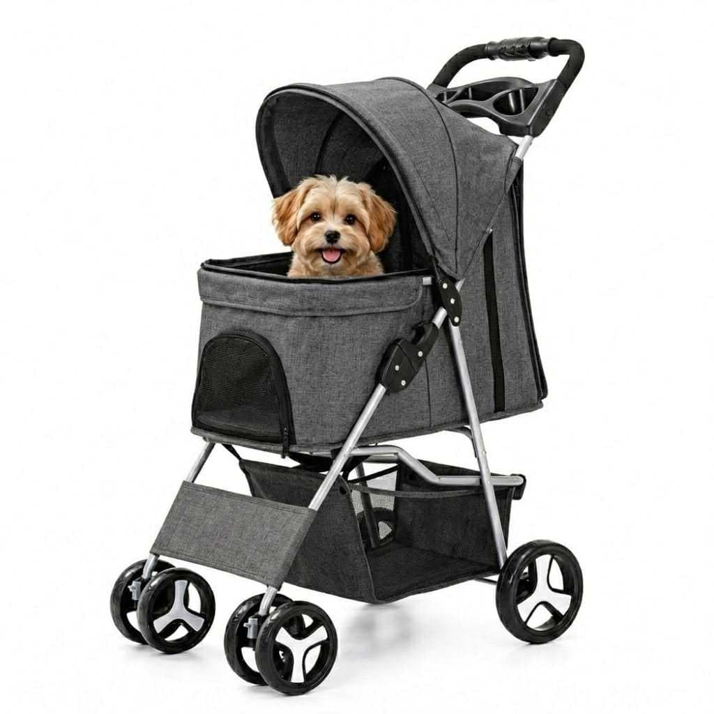 Carrinho de Transporte Pet Cinza Dobrável Passeio Animal de Estimação Cães e Gatos