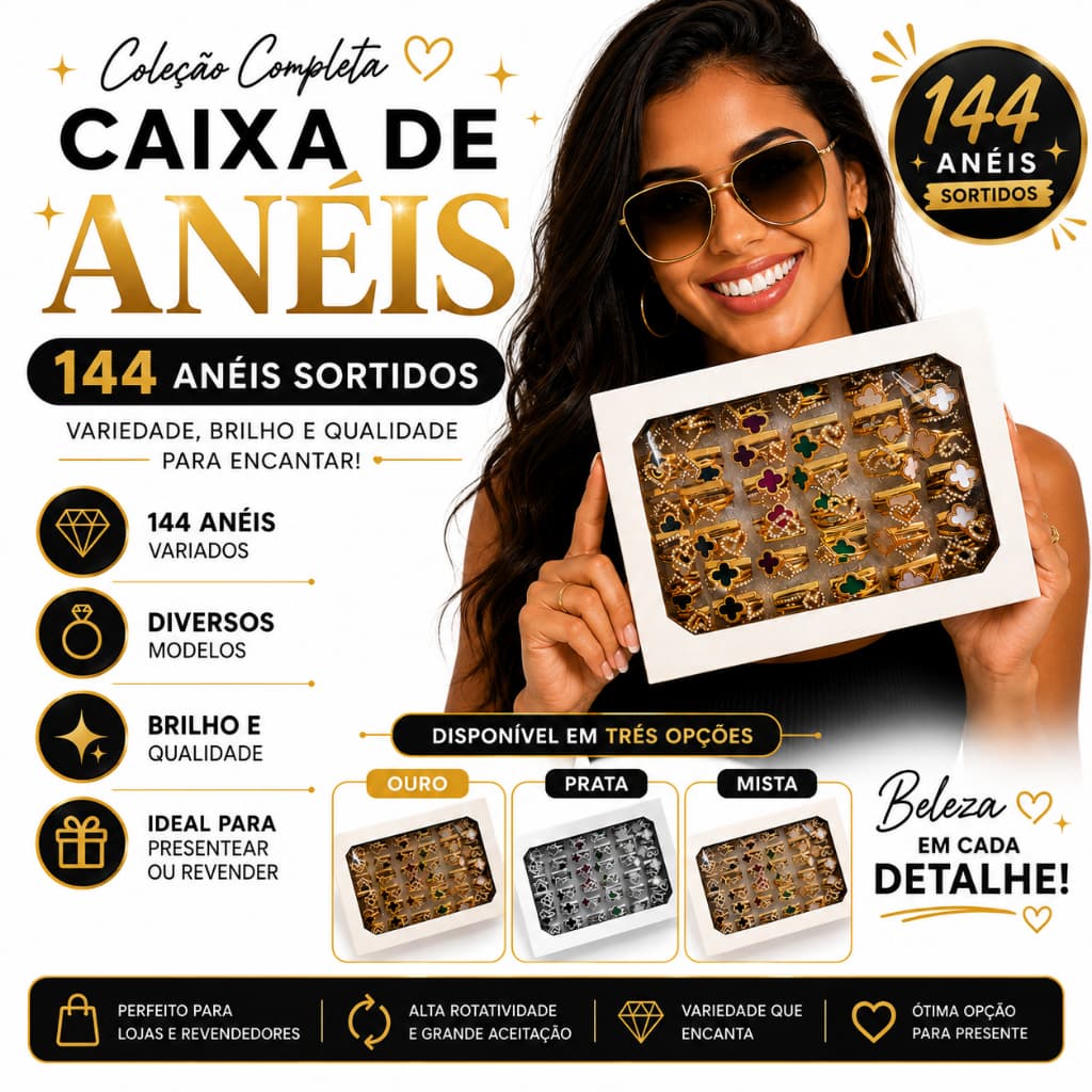 🔥 KIT COM 144 ANÉIS SORTIDOS 💍 OURO E PRATA ✨ ATACADO PARA REVENDA COM PREÇO IMPERDÍVEL