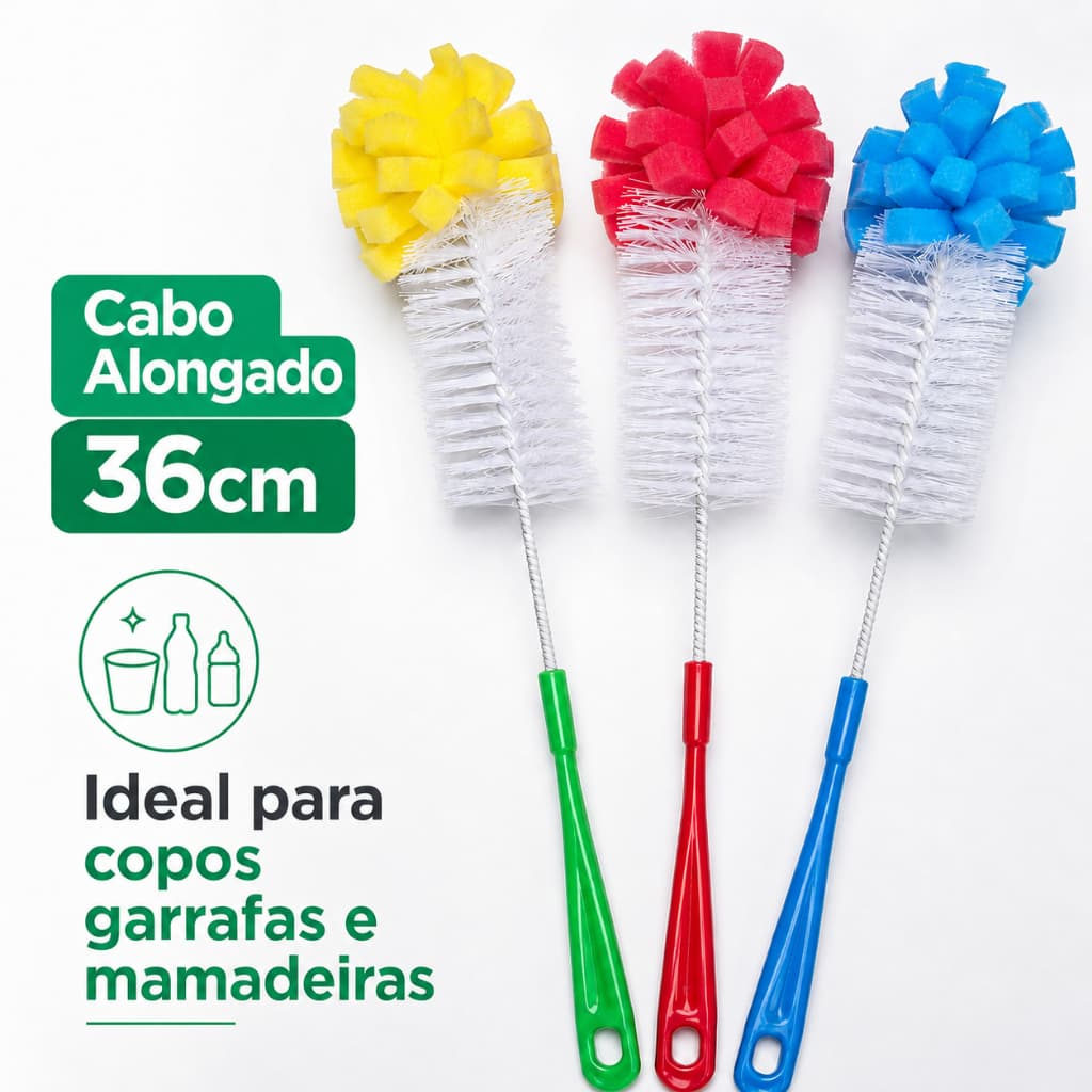 Esponja Escova De Limpeza Para Lavar Copo Garrafa Mamadeira Com Cabo Alongado