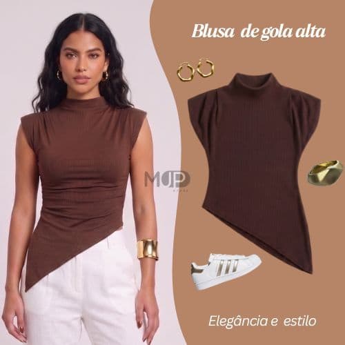 Blusa Gola Alta Básica Assimétrica Regata Manga Curta Blusinha Dia a Dia Confortável Elegante  Casual