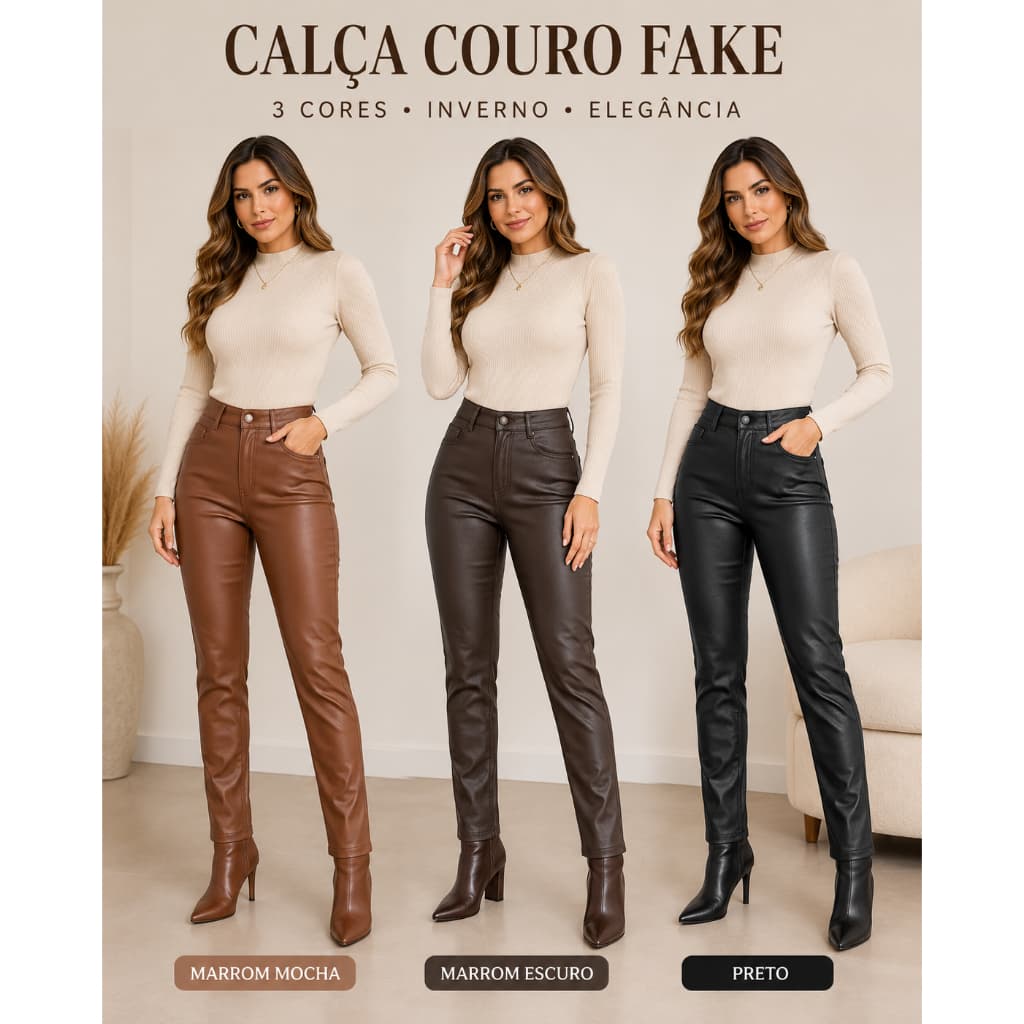 Calça Feminina Skinny Couro Sintético PU Cintura Alta Super Elástica (Stretch) com Bolsos – Casual para Trabalho e Passe