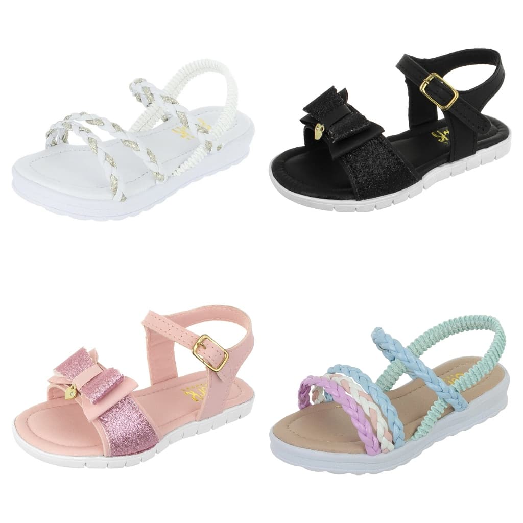 kit 4 Pares  Infantil Sandalias Meninas leve confortavel Preta Rosa Colorida Branca