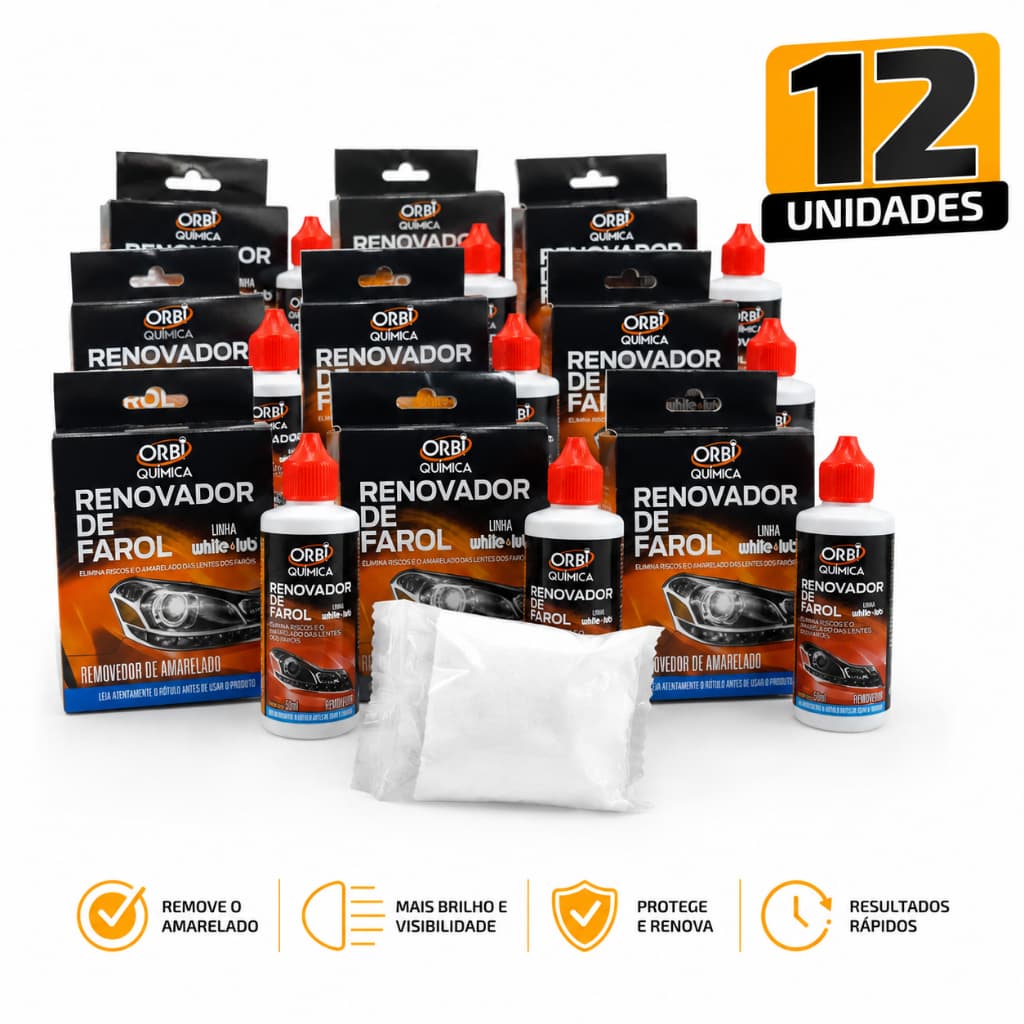 KIT 12 Renovador de Farol Orbi Tira Amarelado e Aspecto Fosco Revitalizador 50ml + Estopa
