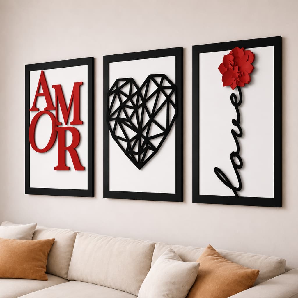 Kit 3 Quadros Decorativos Amor Coração Geométrico Vermelho Preto Moderno Sala Quarto