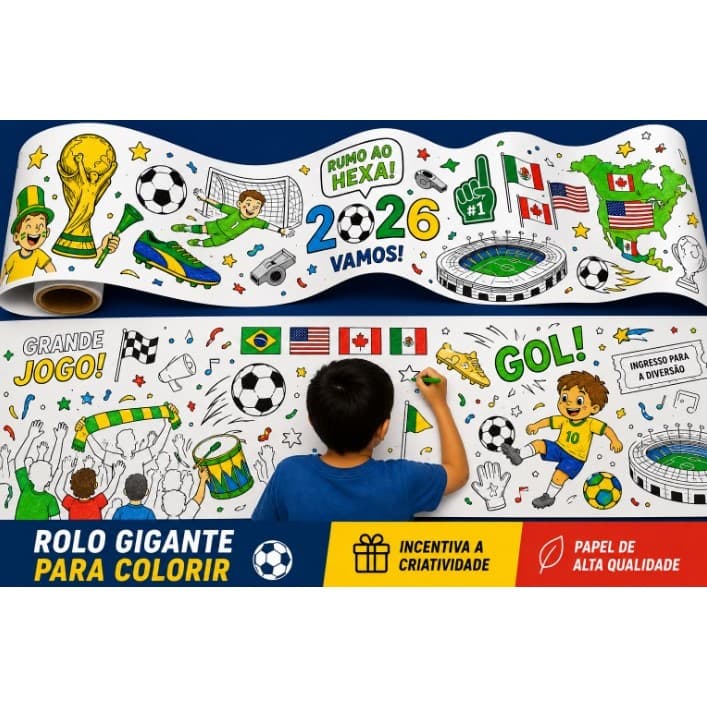 Super Rolo de Papel COPA DO MUNDO 2026 com muitos Desenhos 2m para brincar e se divertir