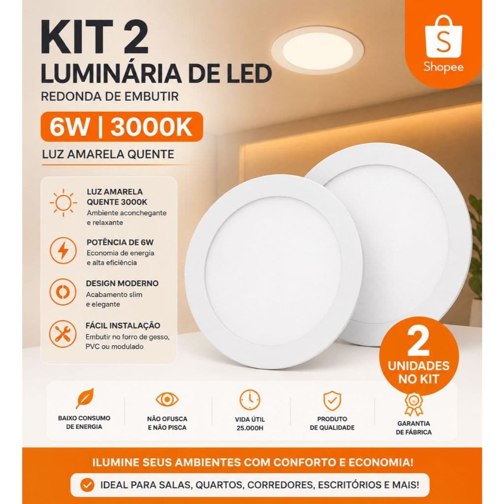 Kit 2 Luminárias Luz Painel LED 6W 3000K TYF Luz Amarela Bivolt Embutir Econômico Slim