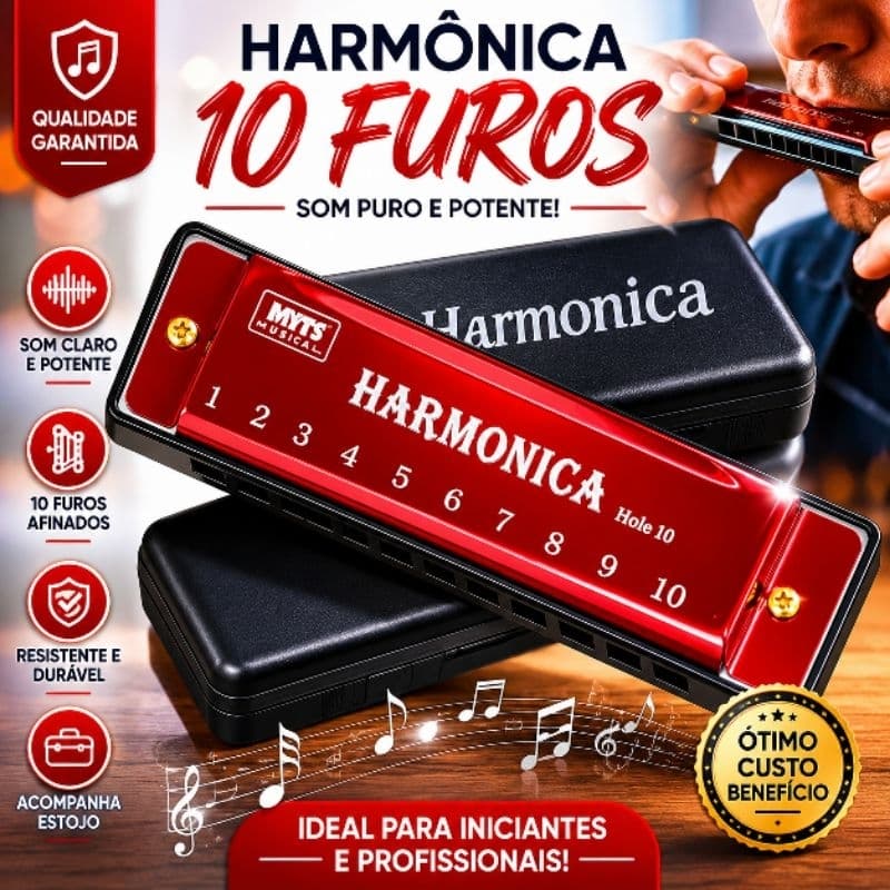 Gaita Harmônica De Boca 10 Furos 10cm Vermelha Com Estojo Instrumento Musical Para Iniciantes E Estudantes blues