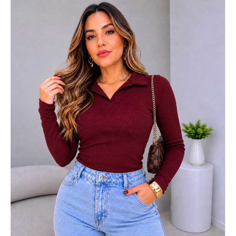 Blusinha Gola V Polo Feminina Manga Longa Canelada Ribana Justa Elegante Casual Moda Feminina 2026 Tendência