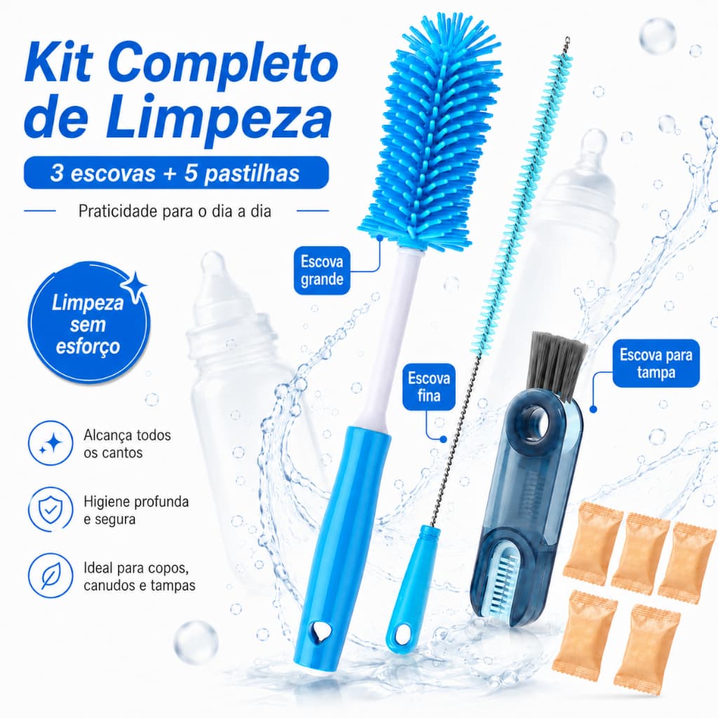 Kit 3 Conjunto de escovas para garrafas de água em aço inoxidável com cabo longo e escova para esfregar garrafas de água
