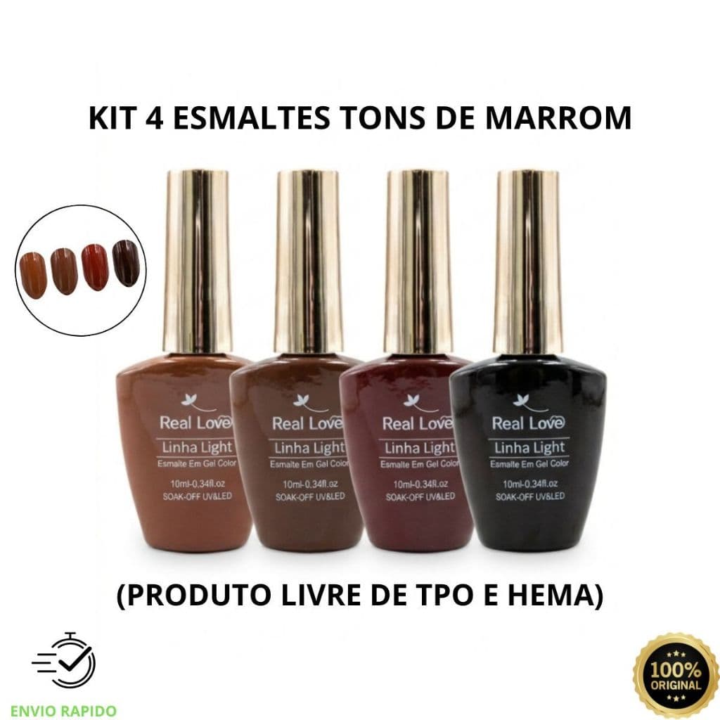 Kit 4 Esmaltes em Gel Real Love Tons de Marrom 10ml UV LED Alta Durabilidade Sem HEMA/TPO
