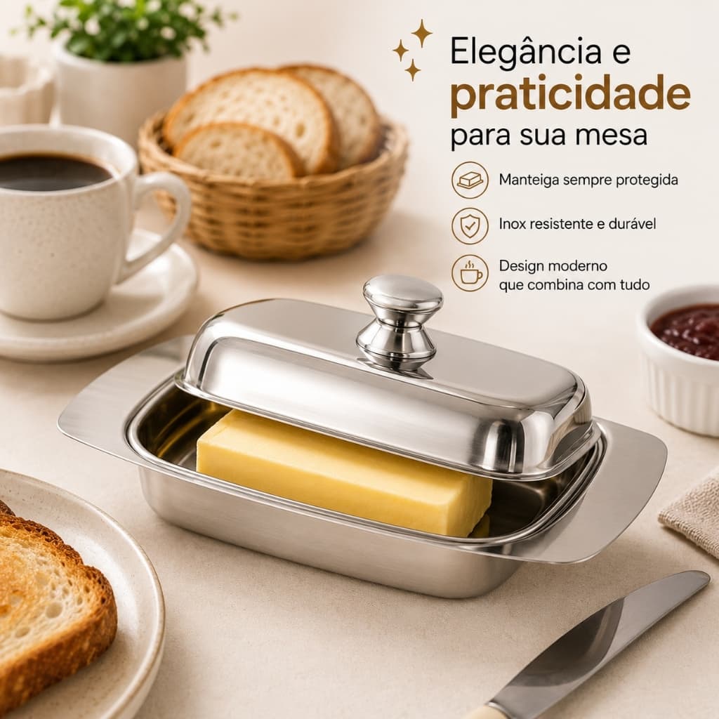 Manteigueira Inox  Premium Com Tampa Para Mesa Posta Cozinha Moderna e Café da Manhã Elegante porta manteiga