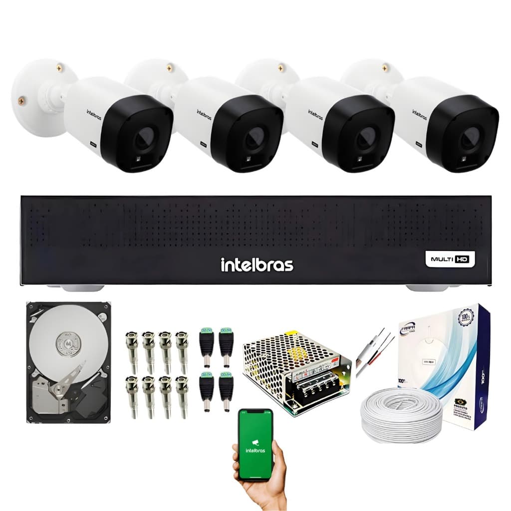 Kit 4 Câmeras de Segurança intelbras completo com Dvr 4 canais intelbras + HD de 500 GB