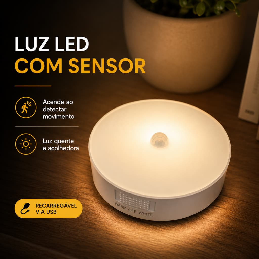 Luminária LED Recarregável USB com Sensor Luz Branca e Amarela para Escada Armário 7825