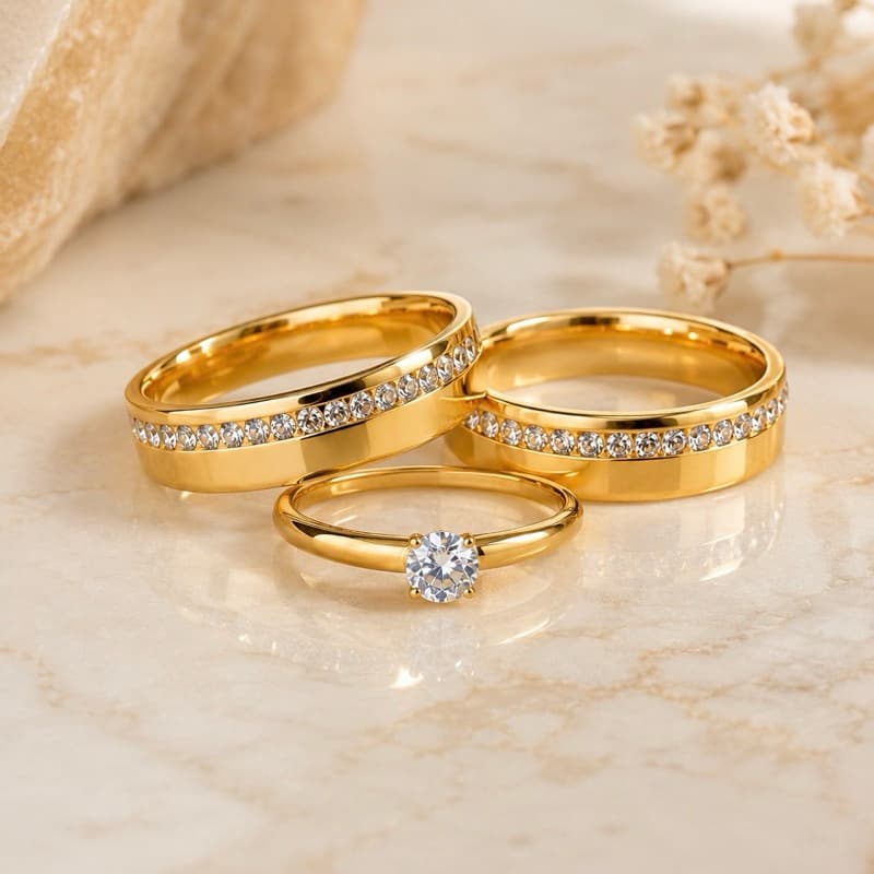 Par de alianças de casamento 4mm cravejada moeda antiga + anel solitário 100% em moeda cor de ouro 18k