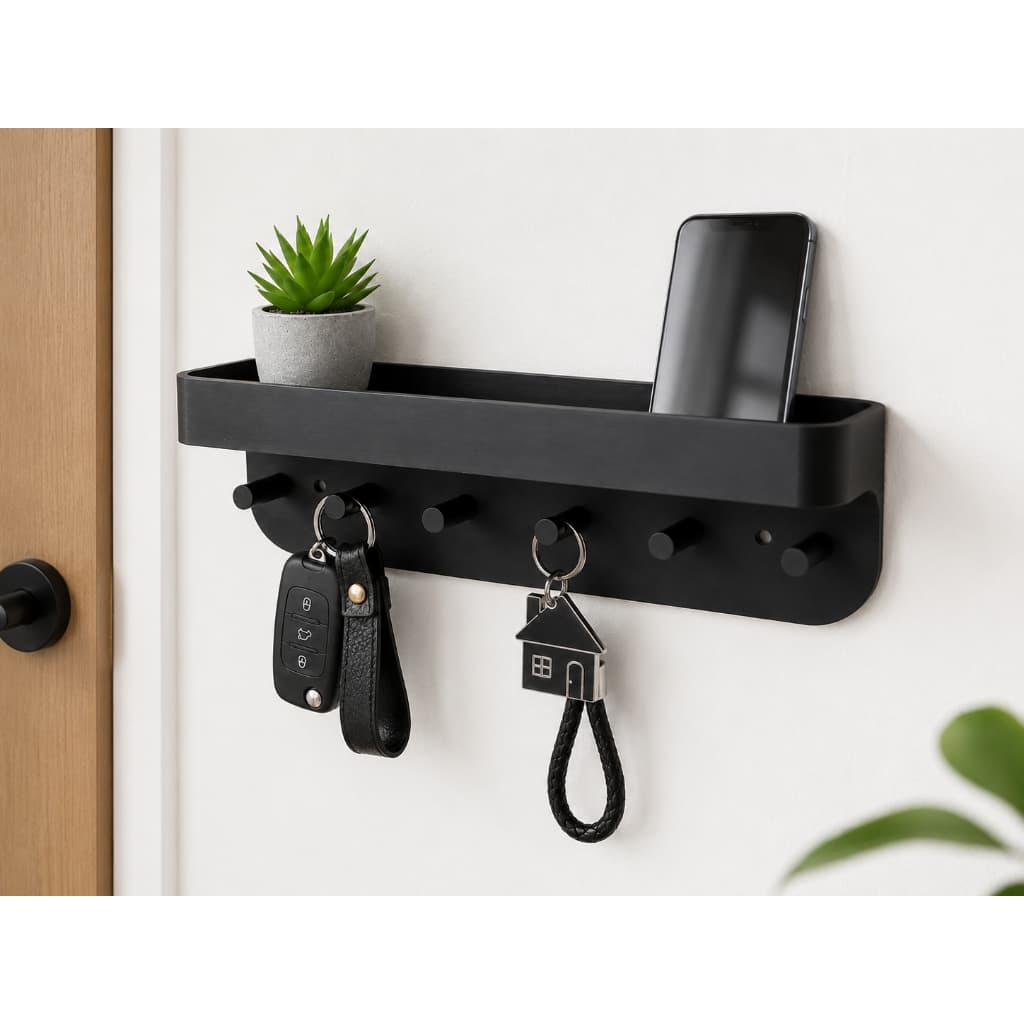 Organizador Minimalista de Chaves De Parede Com Prateleira e 6 Ganchos