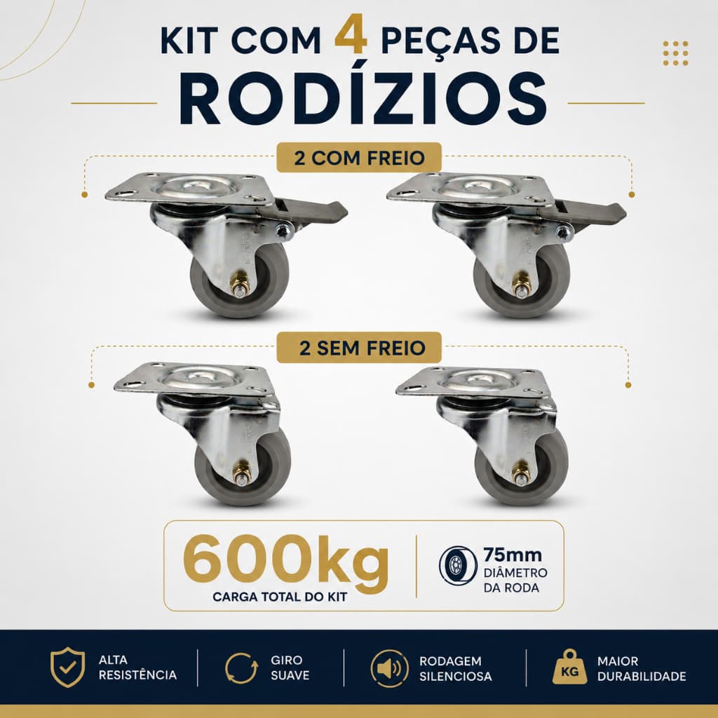 Rodizio Giratório 75mm Reforçado kit 4 Peças - Chapa Para Fixação- 600kg Industrial/ Residencial