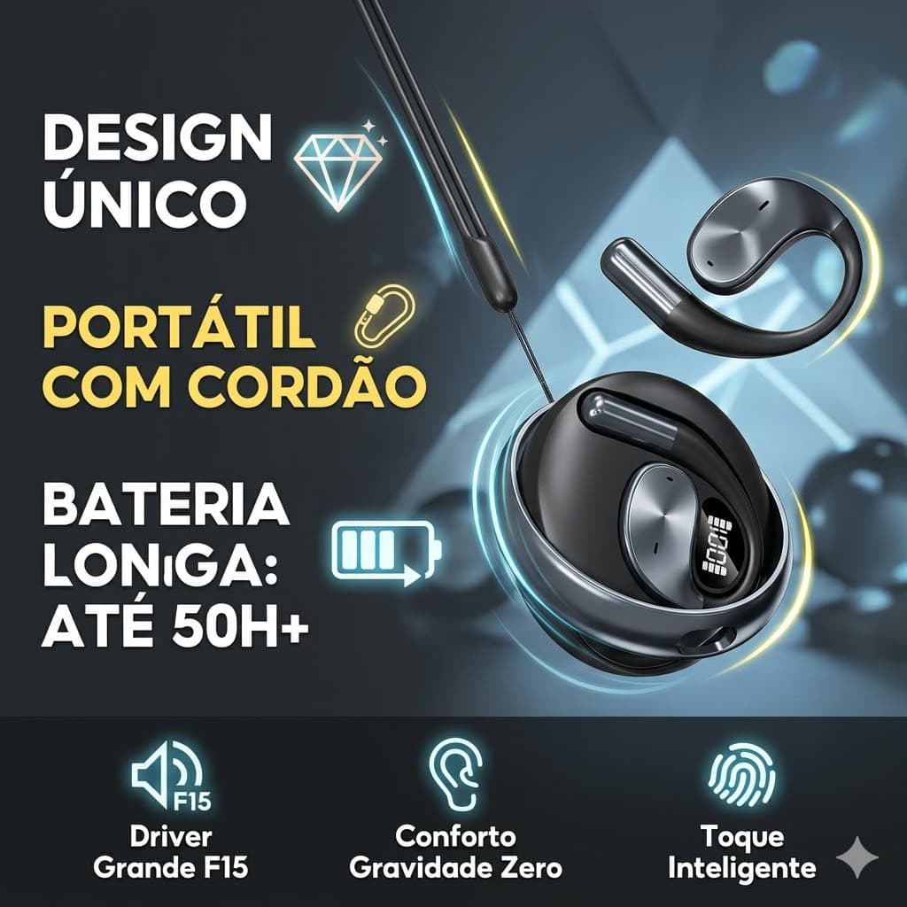 Fone de ouvido Bluetooth sem fio 5.4 OWS com Cordão Anti-Perda Fone de Ouvido Aberto OWS Esportivo com Microfone
