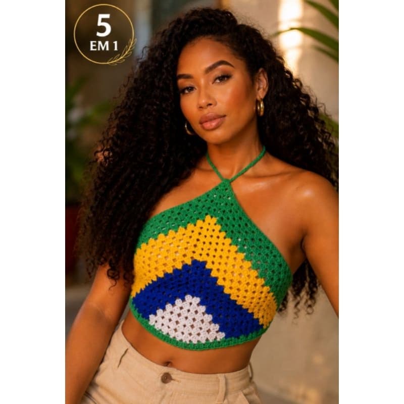 Bandana / Cropped Crochê Brasil 5 em 1 Feminina | Cropped Artesanal Feminino