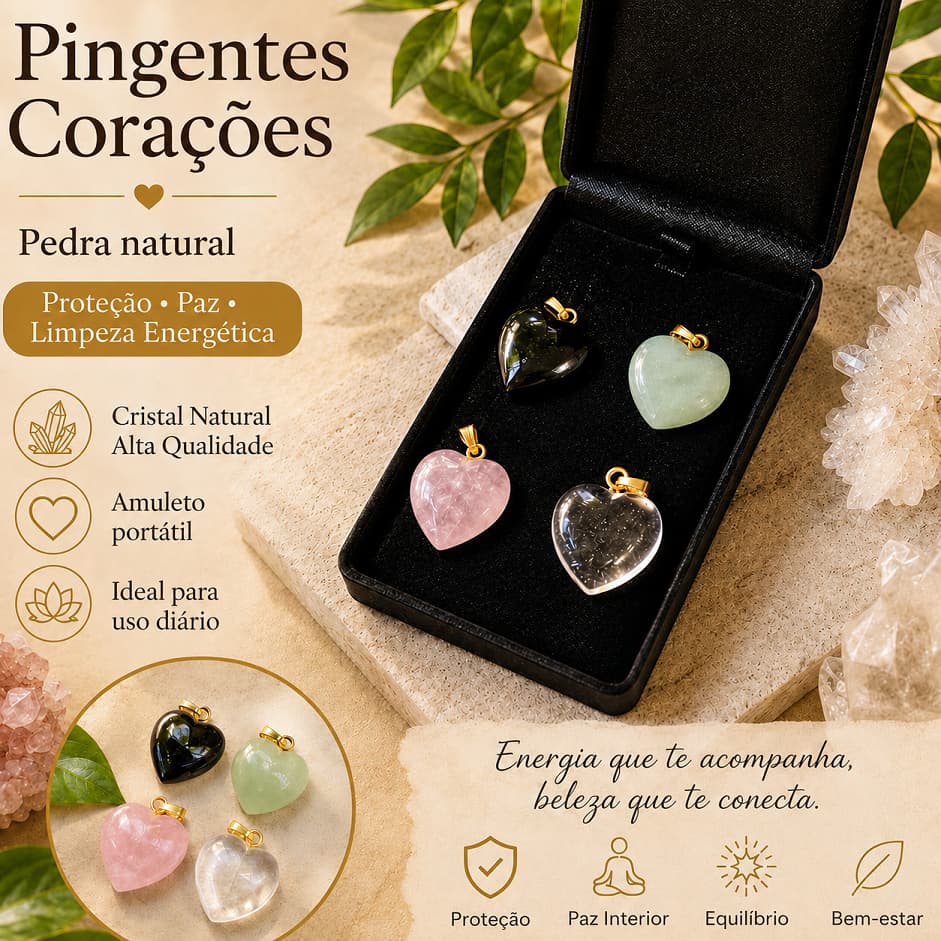 Pingente Coração Pedra Natural Cristal Quartzo Amuleto Proteção Paz Energia Premium