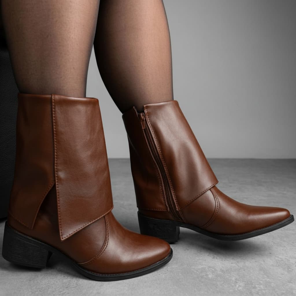 Bota Feminina Cano Curto Couro Marrom Preta Bico Fino Salto Baixo Zíper Dobra Alta Qualidade Inverno Frio Promoção Top