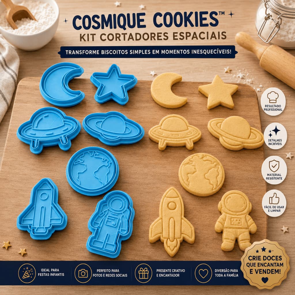 Kit 7 Cortadores de Biscoito Espacial | Material Premium | Biscoitos Perfeitos e Divertidos